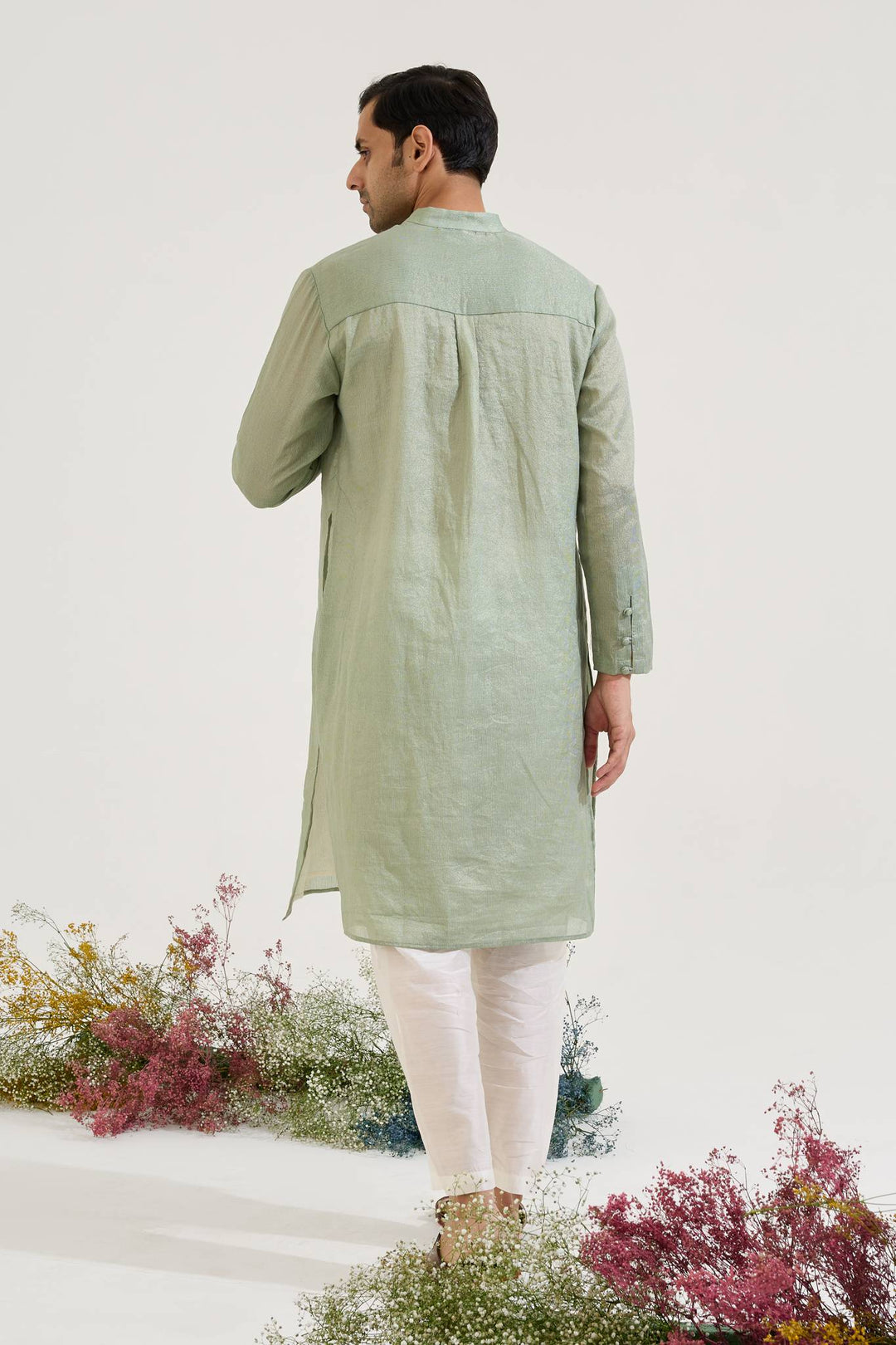 Sage Embroidered Chanderi Stripe Kurta with Narrow Pants - Set of 2
