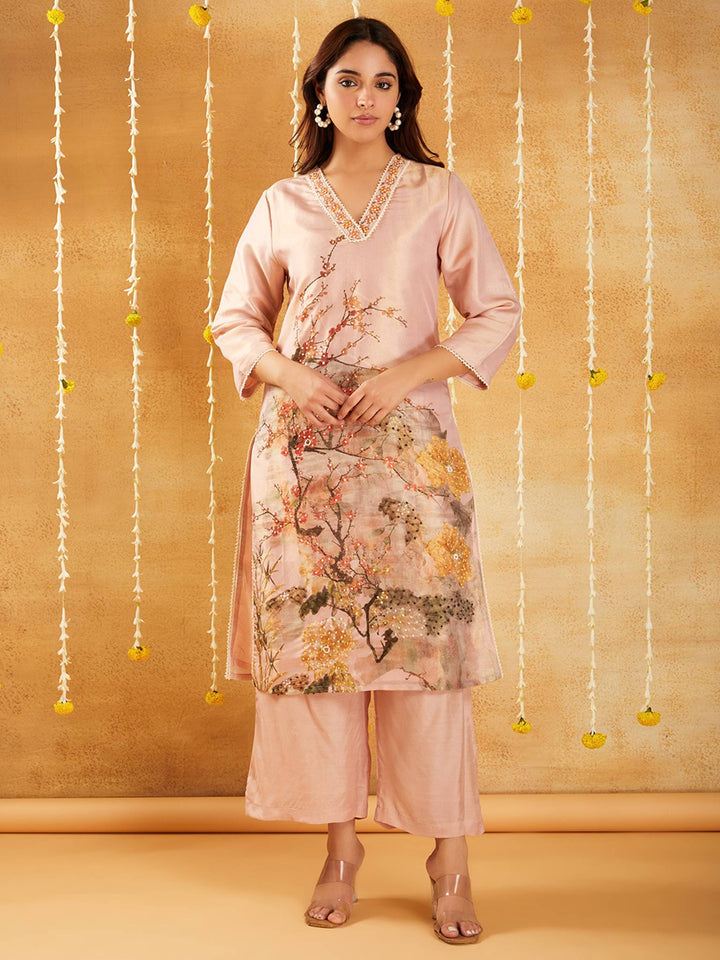 Peach Floral Embroidered Kurta Set with Dupatta - Set of 3