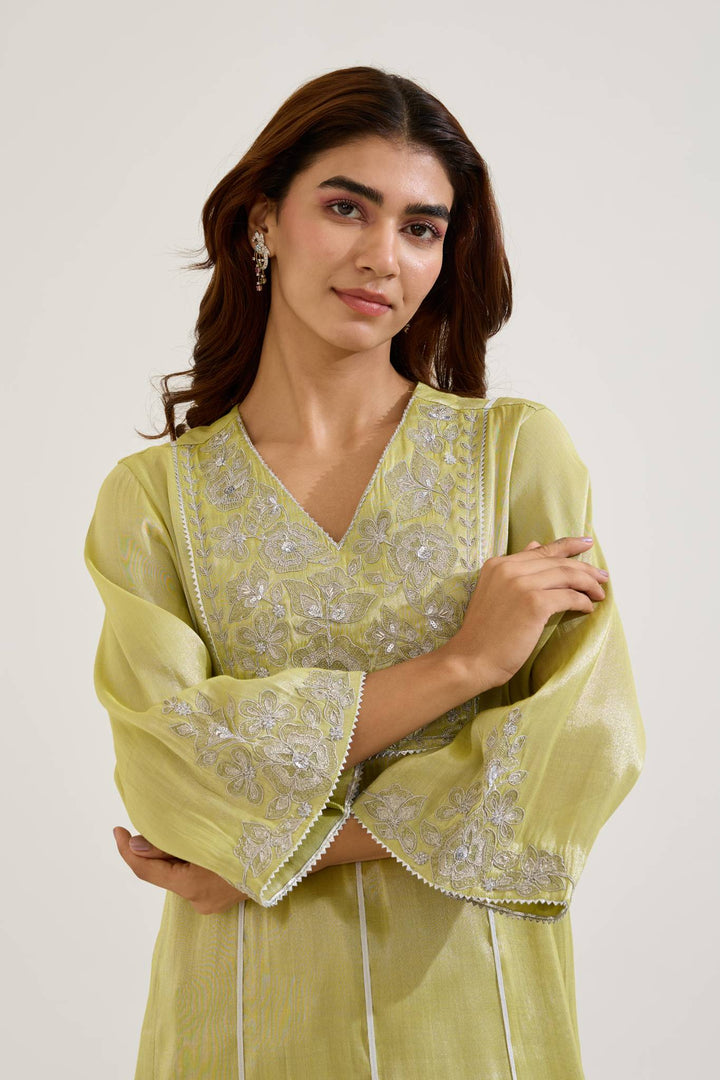 Lime Floral Zari Tissue Anarkali with Narrow Pants and Dupatta - Set of 3
