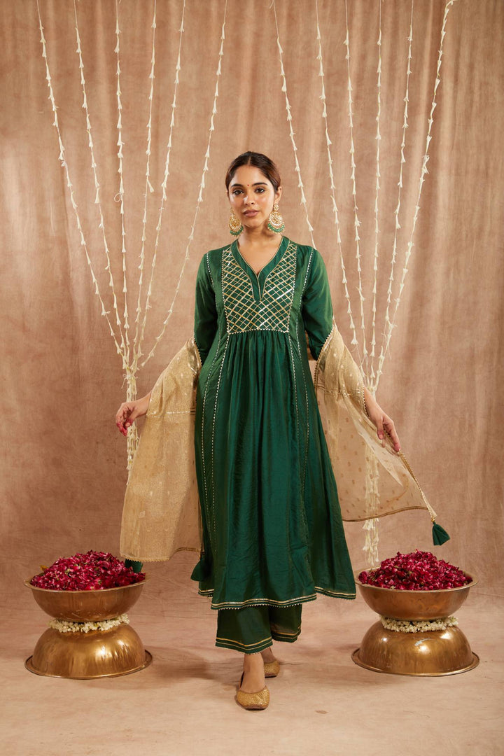 Emerald Green Gota Chanderi Kurta with  Wide Leg Pants and Dupatta - Set of 3