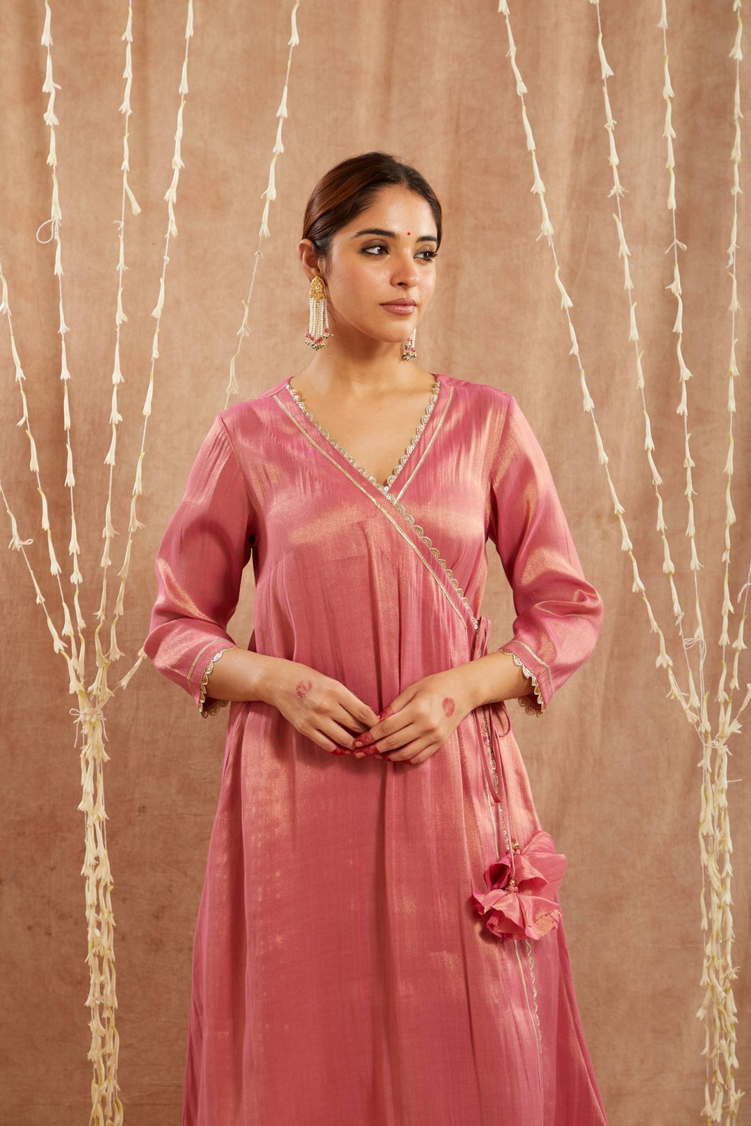 Pink Scallop Tissue Angrakha with  Narrow Pants and Dupatta - Set of 3