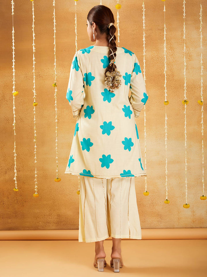 Aqua Blossom Floral Kurta with Sharara Pants - Set of 2