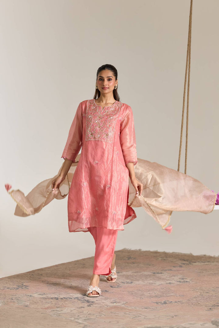 Blossom Pink Dori Embroidered Kota Kurta Tissue Set - Set of 2