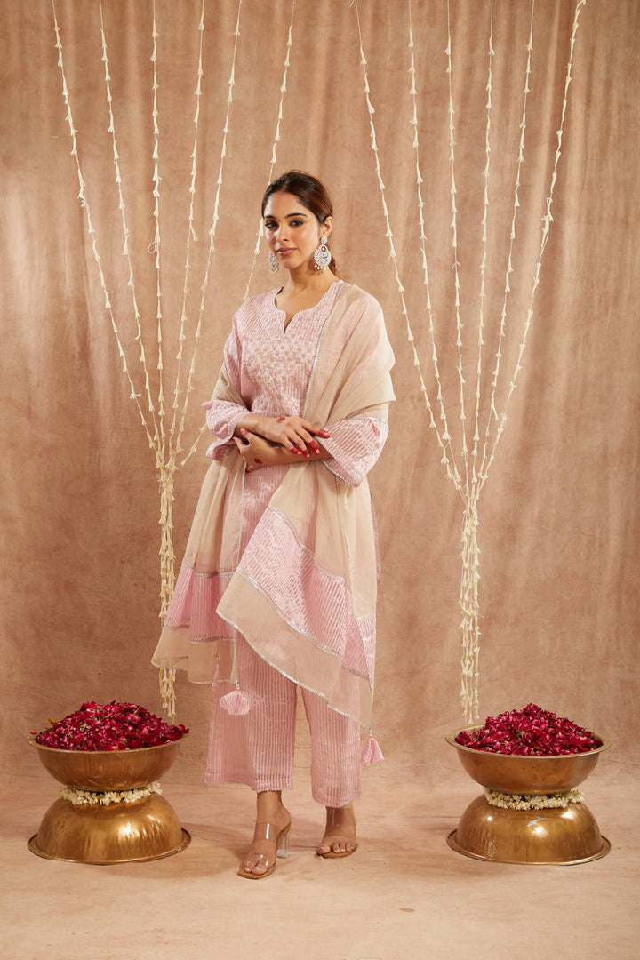 Pink Moroccan Dori Kurta with Flared Pants and Dupatta - Set of 3