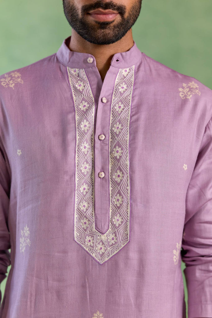 Lilac Floral Buta Embroidered Kurta with Narrow Pants
