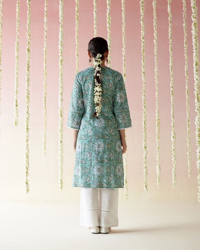 Aqua Blue Floral Chintz Kurta