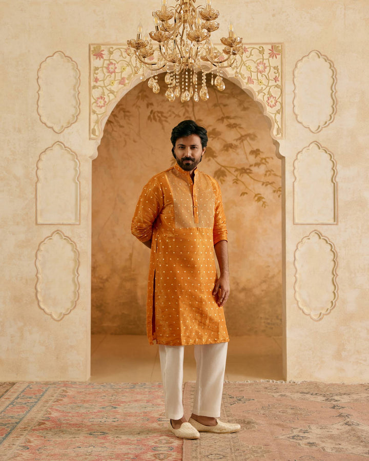 Orange Zari Brocade Kurta with Narrow Pants - Set of 2