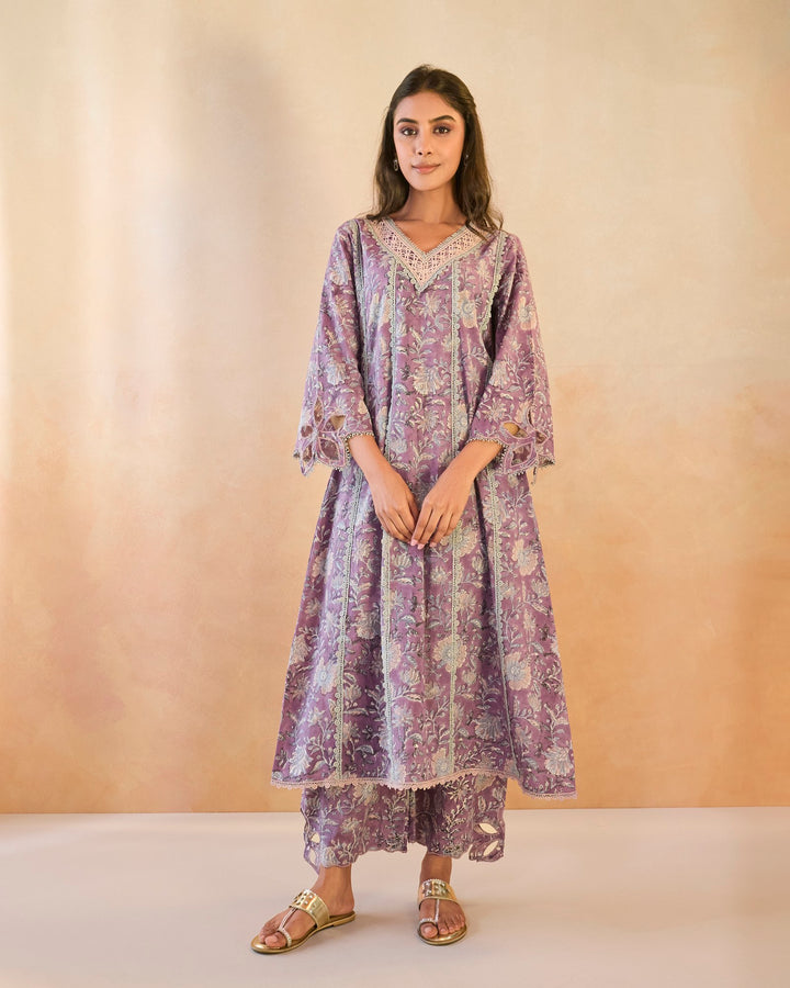 Mauve Chintz Cutwork Kurta with Wide Leg Pants - Set of 2