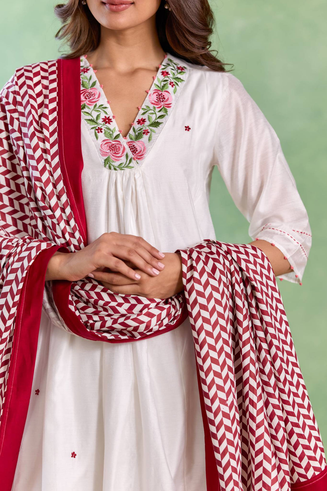 Red Petal Embroidered Kurta with Wide-Leg Pants and Dupatta - Set of 3