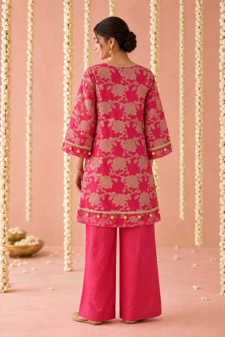 Fuchsia Jaal Chanderi Brocade Kurta Set with Dupatta - Set of 3