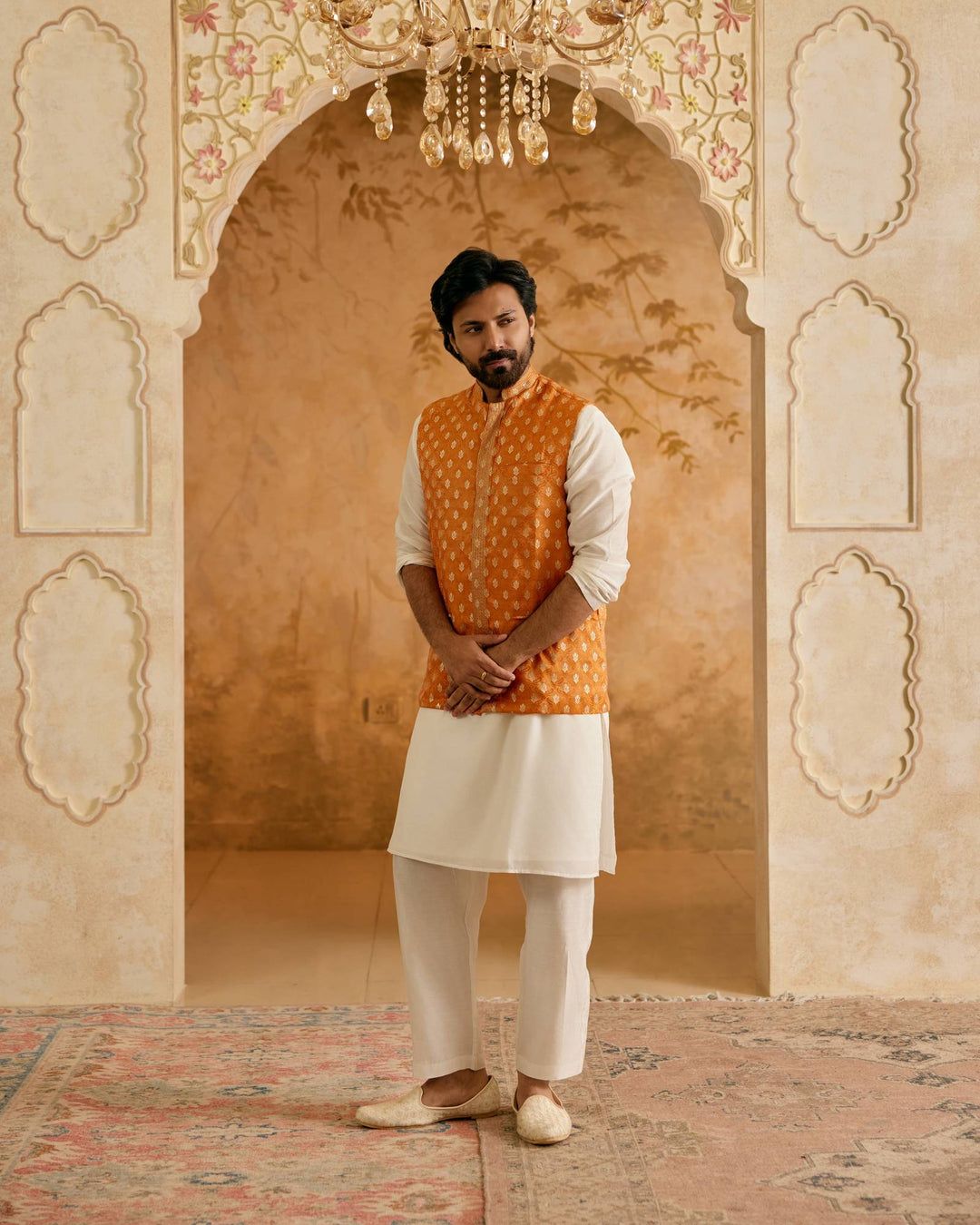 Orange Brocade Nehru Jacket with Kurta Set - Set of 3