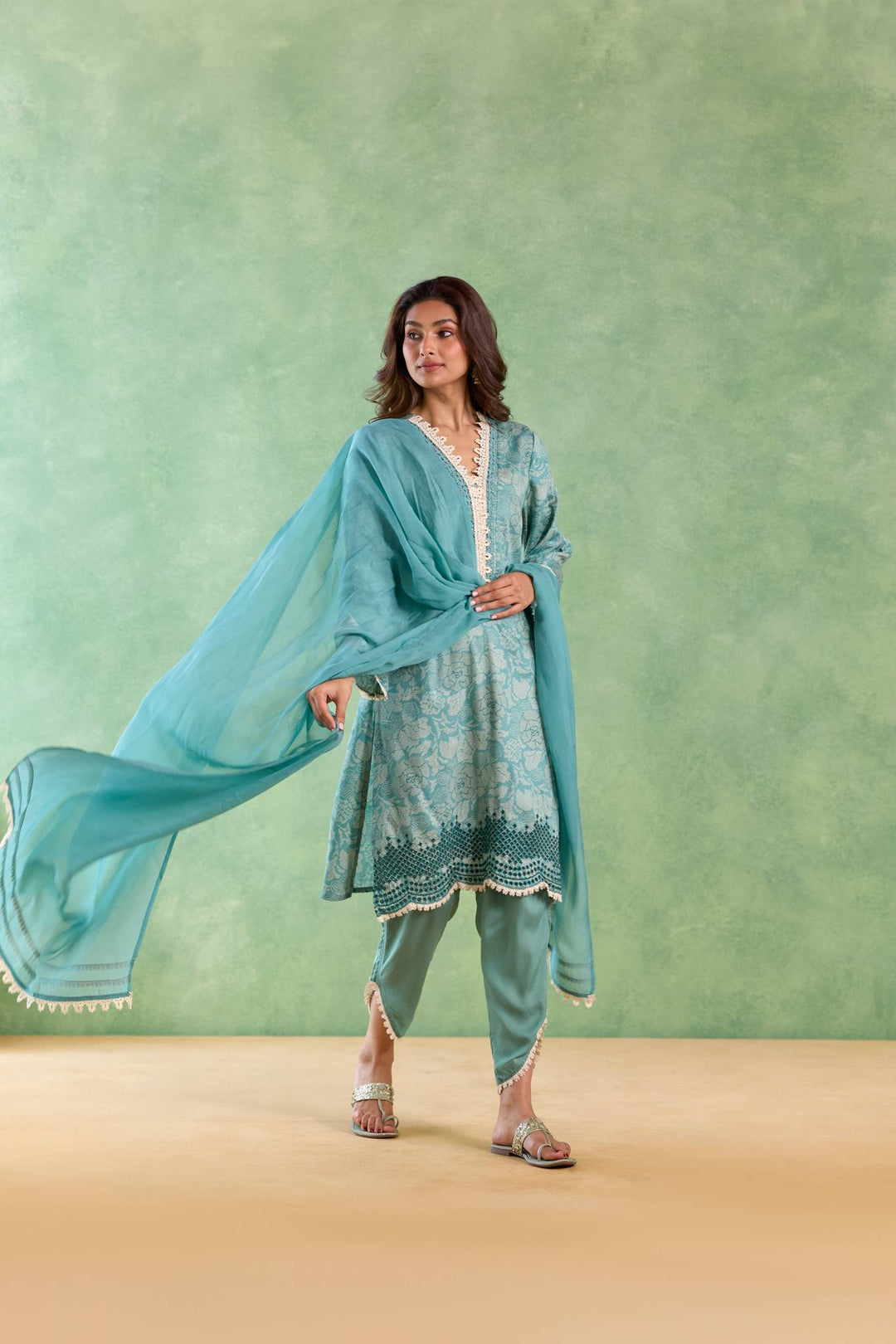 Sea Lily Kurta with Tulip Pants and Dupatta - Set of 3