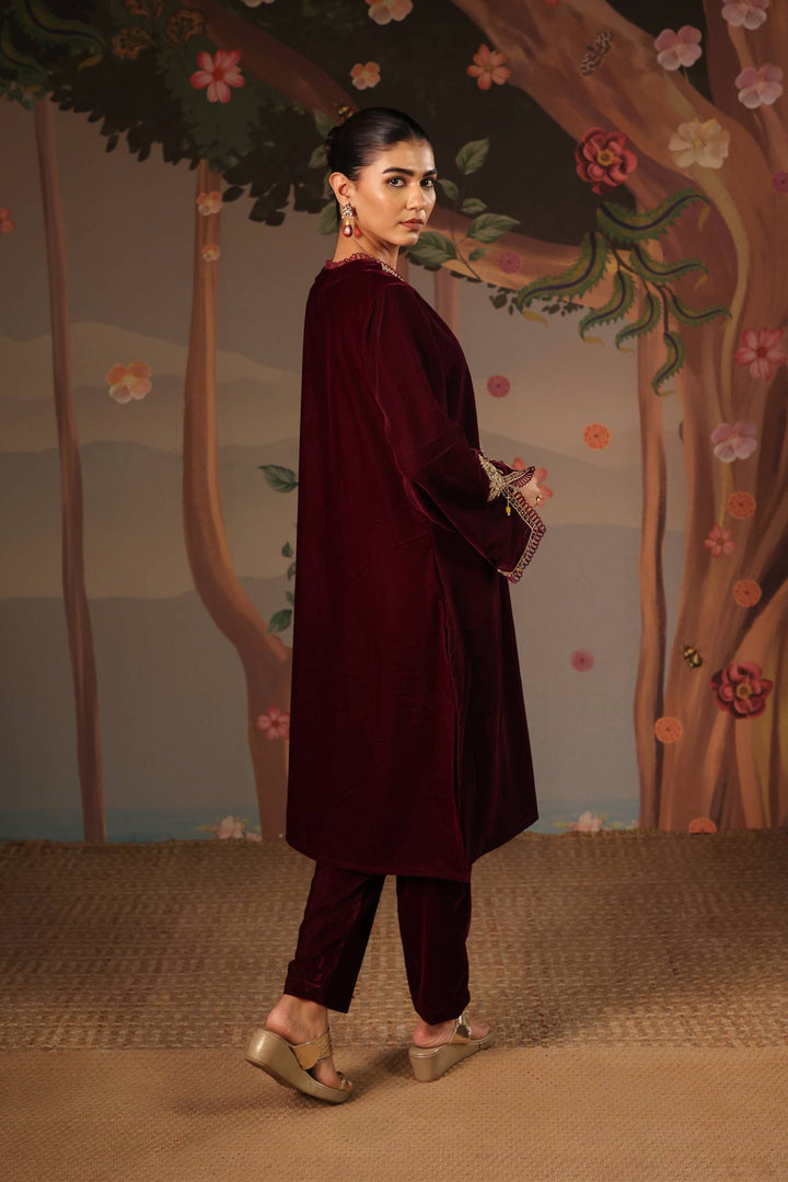 Wine Dori Embroidered Kurta with Narrow Pants - Set of 2