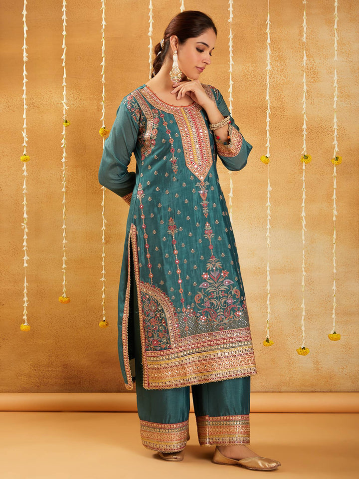 Emerald Green Embroidered Kurta Set with Dupatta - Set of 3