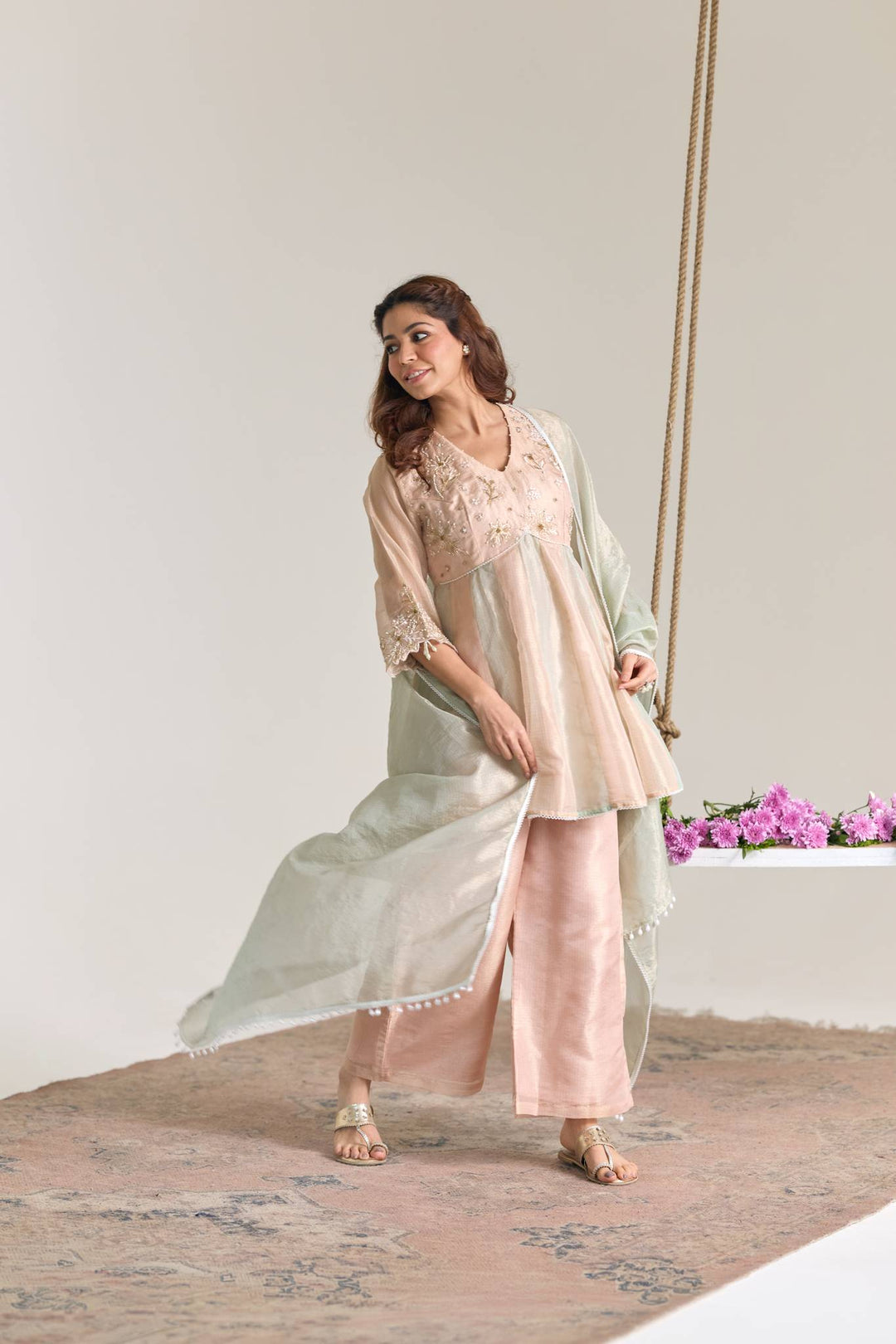 Rose Mint Dori Kota Tissue Anarkali Set with Pearl Dupatta - Set of 3