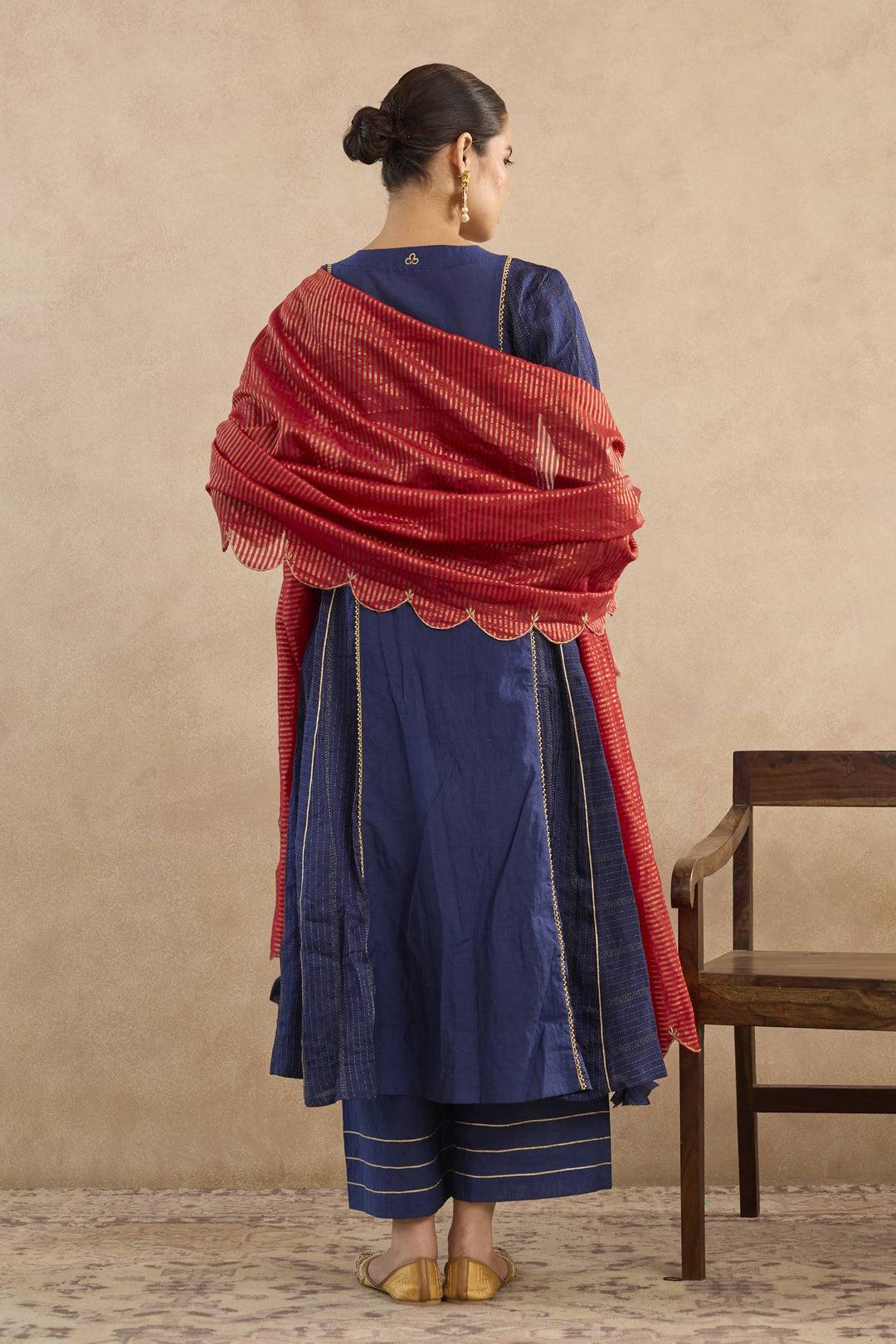 Navy Lotus Embroidered Anarakali with Flared Pants and Dupatta - Set of 3