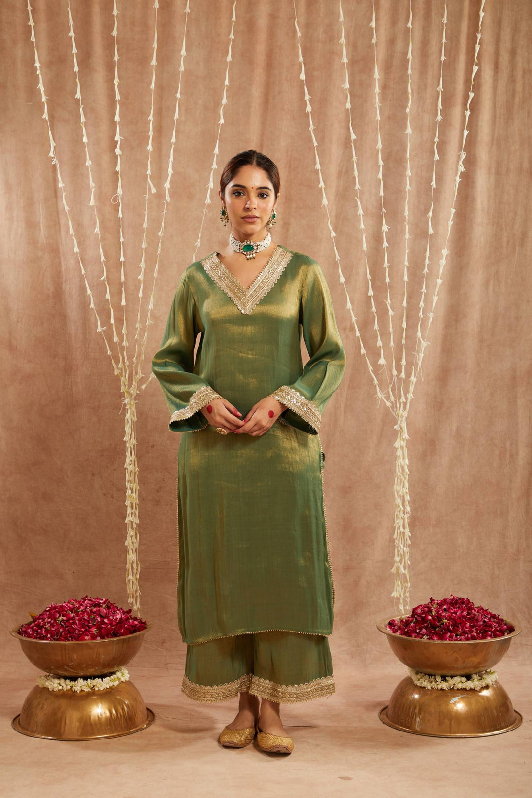 Green Sequins Gota Tissue Kurta with  Wide Leg Pants and Dupatta - Set of 3