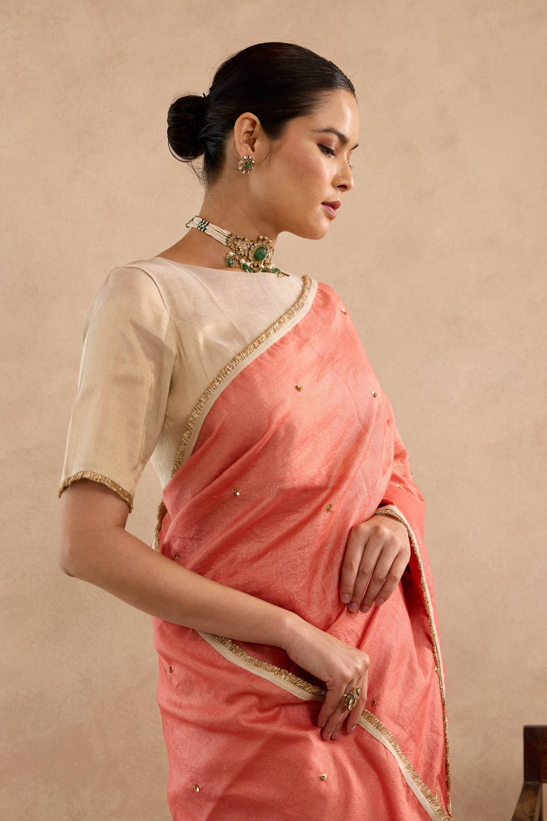 Red Gold Sequins Chanderi Stripe Saree