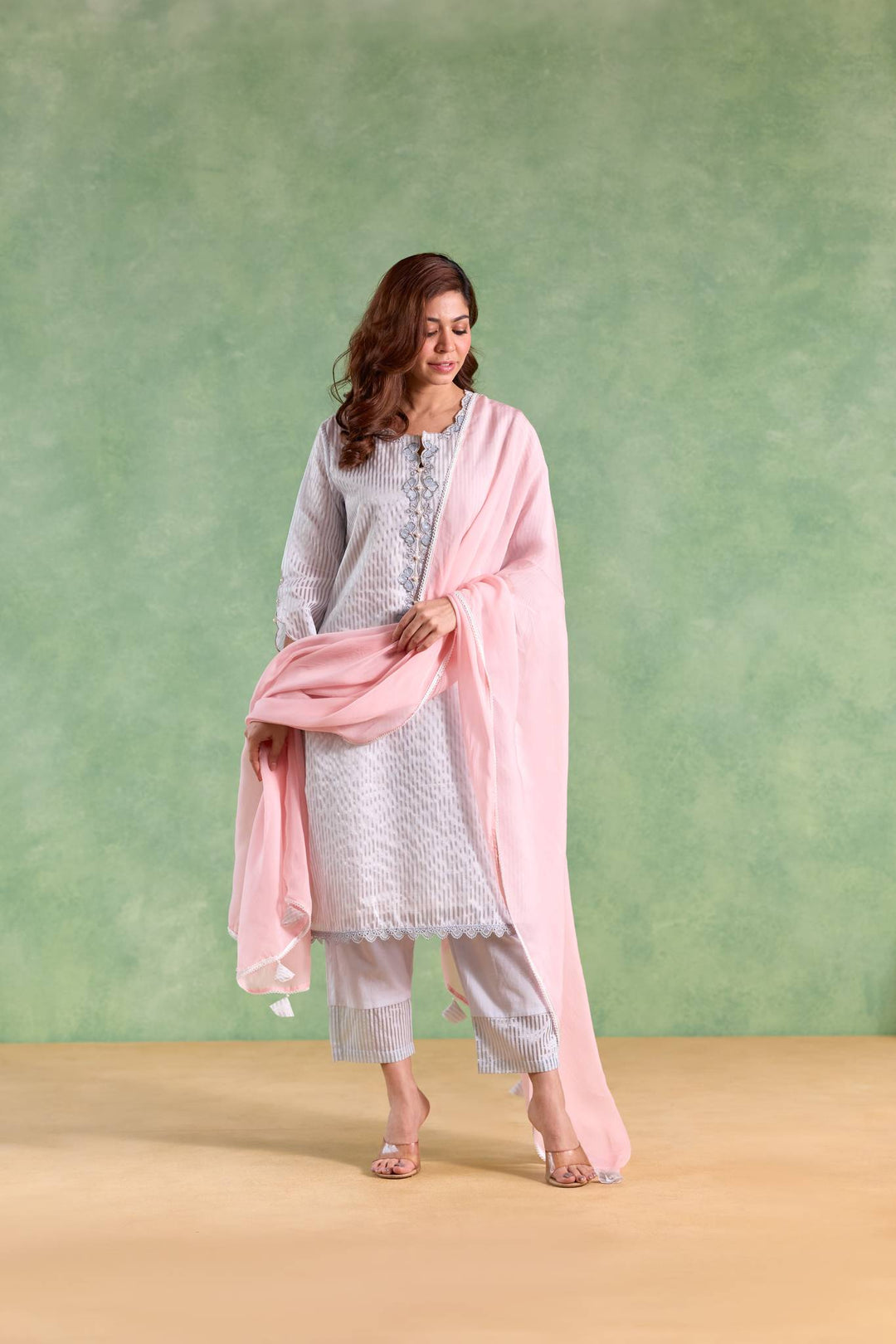 Sky Scallop Zari Kurta with Narrow Pants and Dupatta - Set of 3