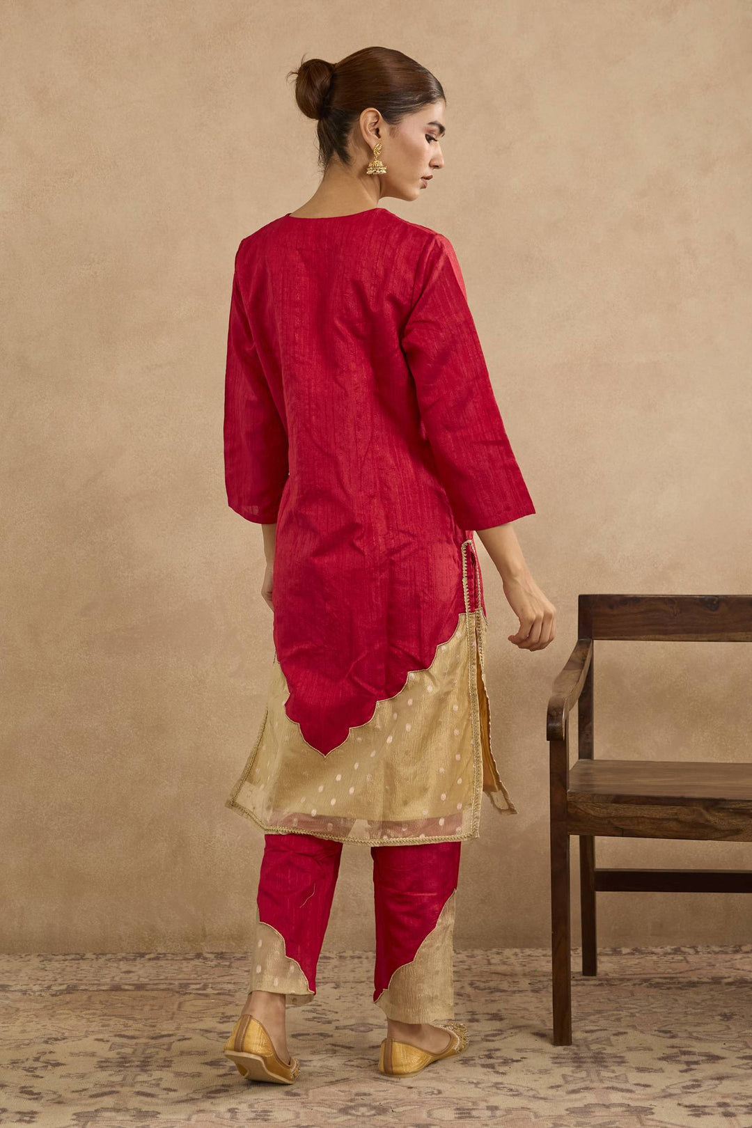 Red Dori Yoke Kurta with Narrow Pants and Embroidered Dupatta - Set of 3