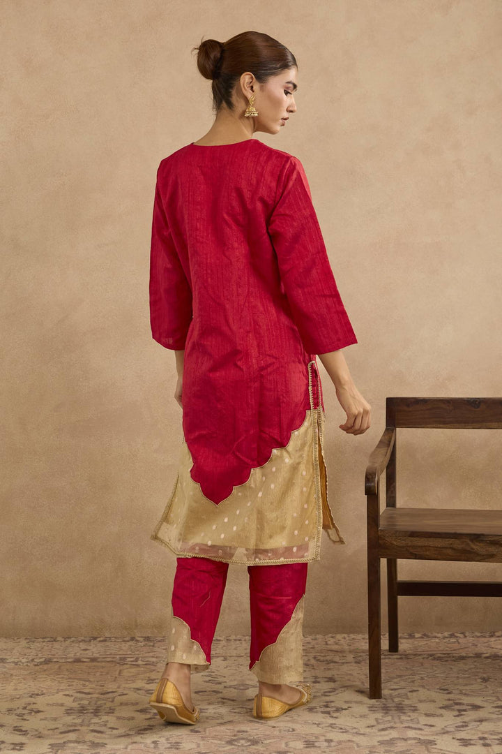 Red Dori Yoke Kurta with Narrow Pants and Embroidered Dupatta - Set of 3