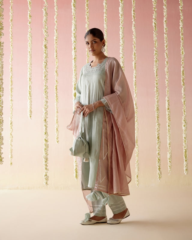 Mint Daisy Tissue Kurta with  Narrow Pants & Dupatta - Set of 3