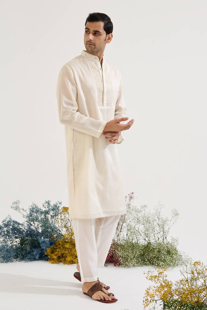 White Pintuck Chanderi Stripe Kurta with Narrow Pants - Set of 2