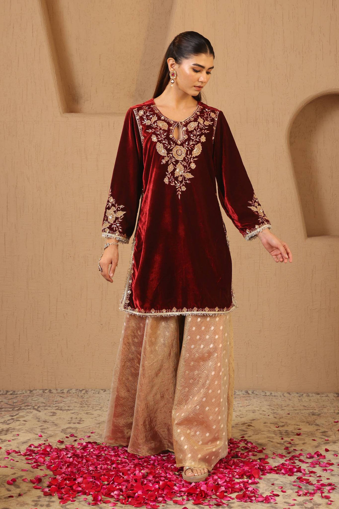 Maroon Floral Zari Velvet Kurta with Sharara - Set of 2