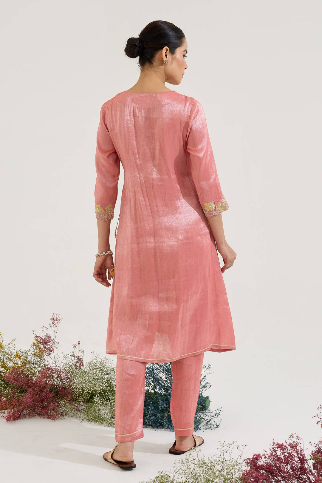 Carrot Floral Zari Tissue Angrakha with Narrow Pants - Set of 2