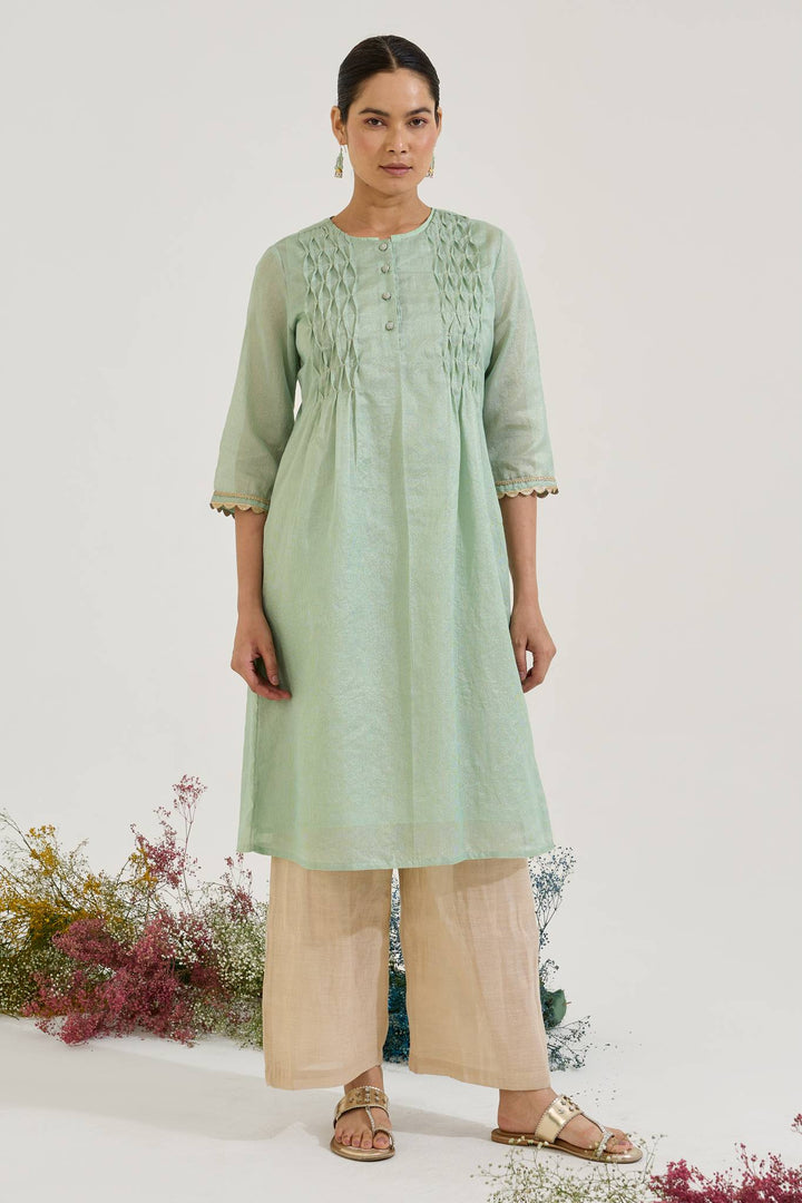 Mint Gold Chanderi Stripe Kurta with Wide Leg Pants - Set of 2