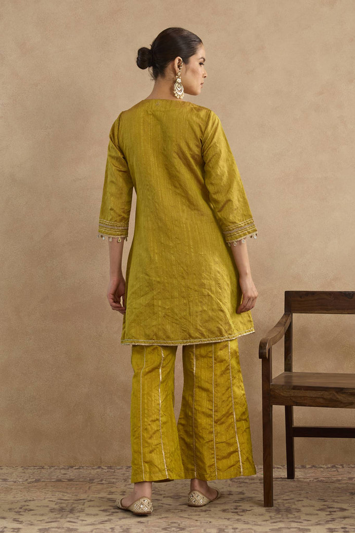 Warm Green Embroidered Kurta with Flared Pants - Set of 2