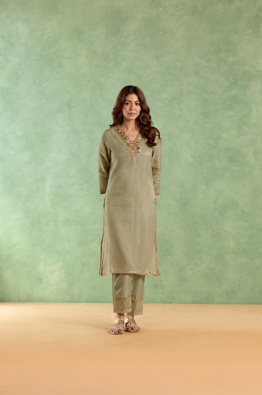 Sage Mirror Embroidered Chanderi Stripe Kurta Set with Floral Chintz Dupatta - Set of 3