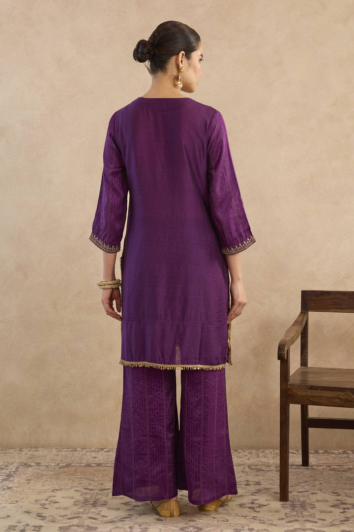 Royal Purple Dori Silk Chanderi Kurta with Flared Pants - Set of 2