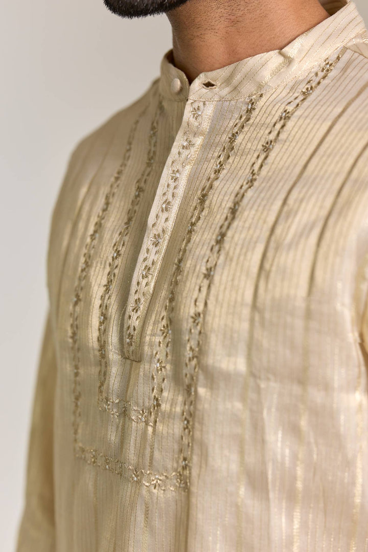 Gold Zari Yoke Stripe Embroidered Kurta with Narrow Pants