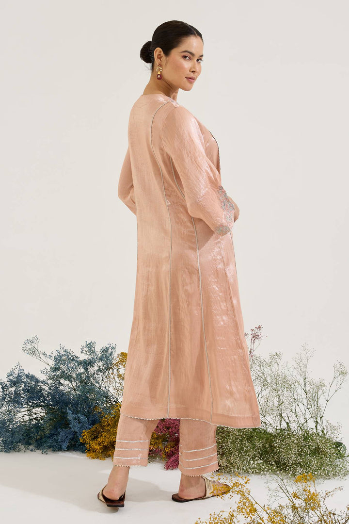 Pink Floral Zari Tissue Anarkali with Narrow Pants and Dupatta - Set of 3