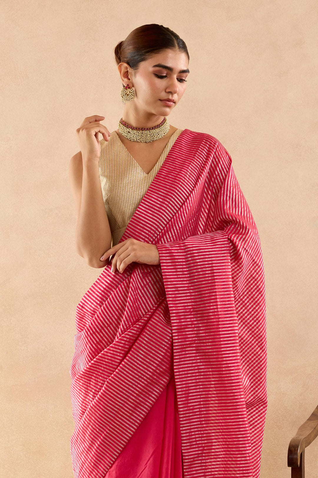 Fuchsia Pink Chanderi Saree with Stripe Pallu
