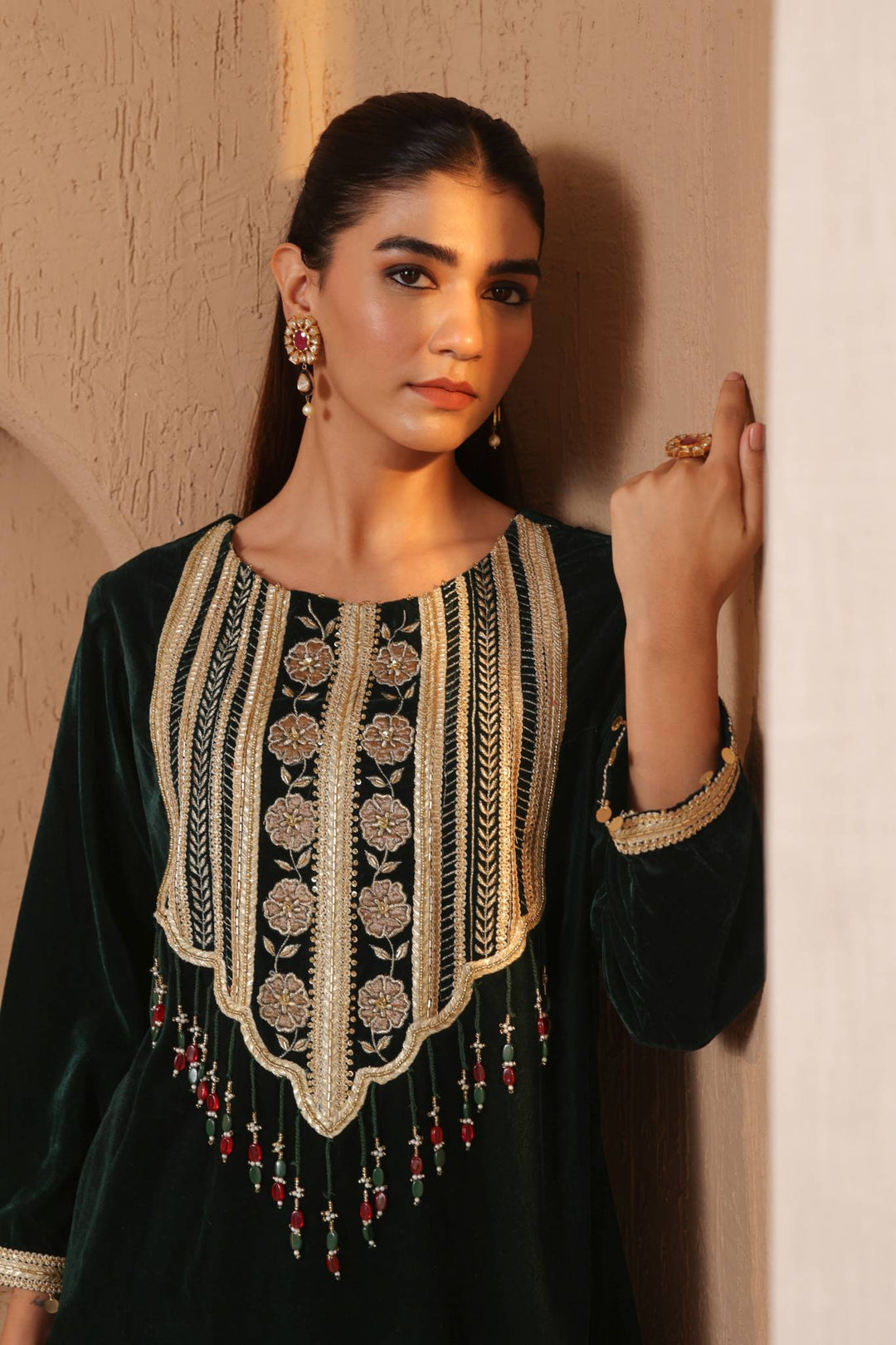 Emerald Petal Beaded Velvet Tunic with Narrow Pants - Set of 2