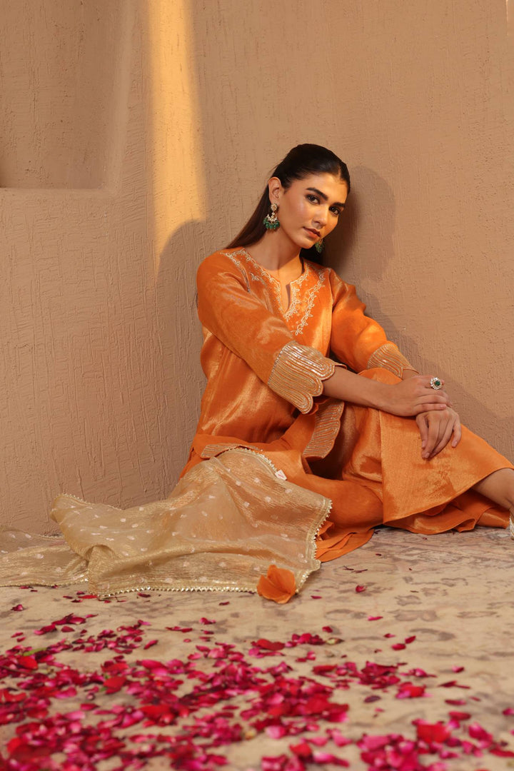 Amber Scallop Gota Tissue Kurta with Sharara and Dupatta - Set of 3