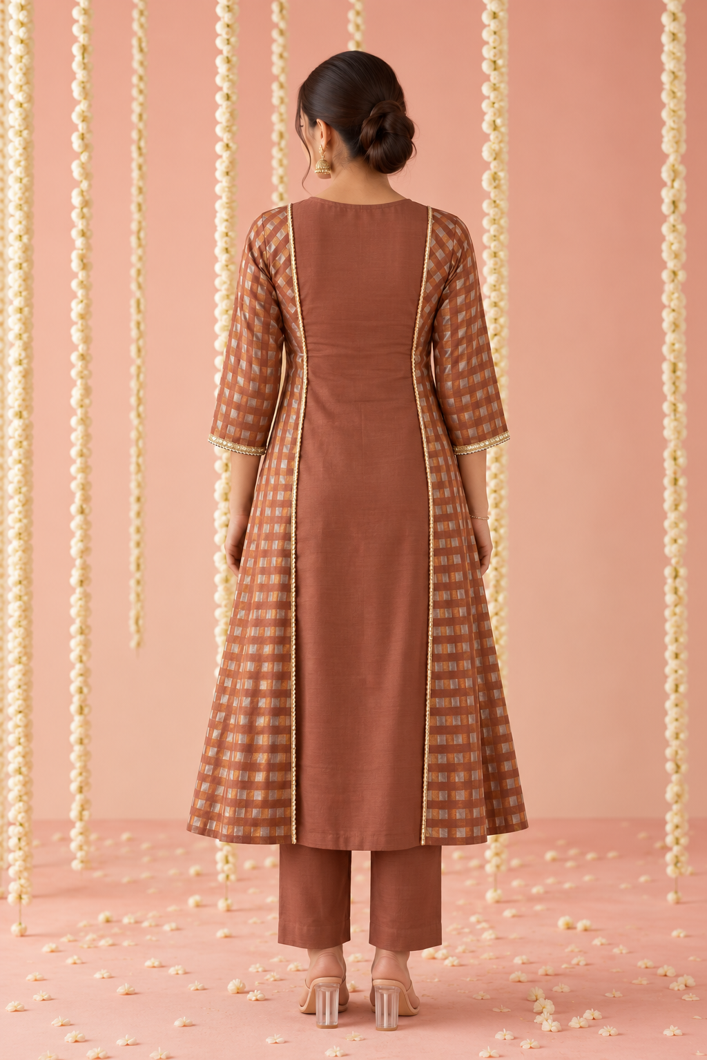 Brown Zari Embroidered Check Tissue Kurta Set with Dupatta - Set of 3