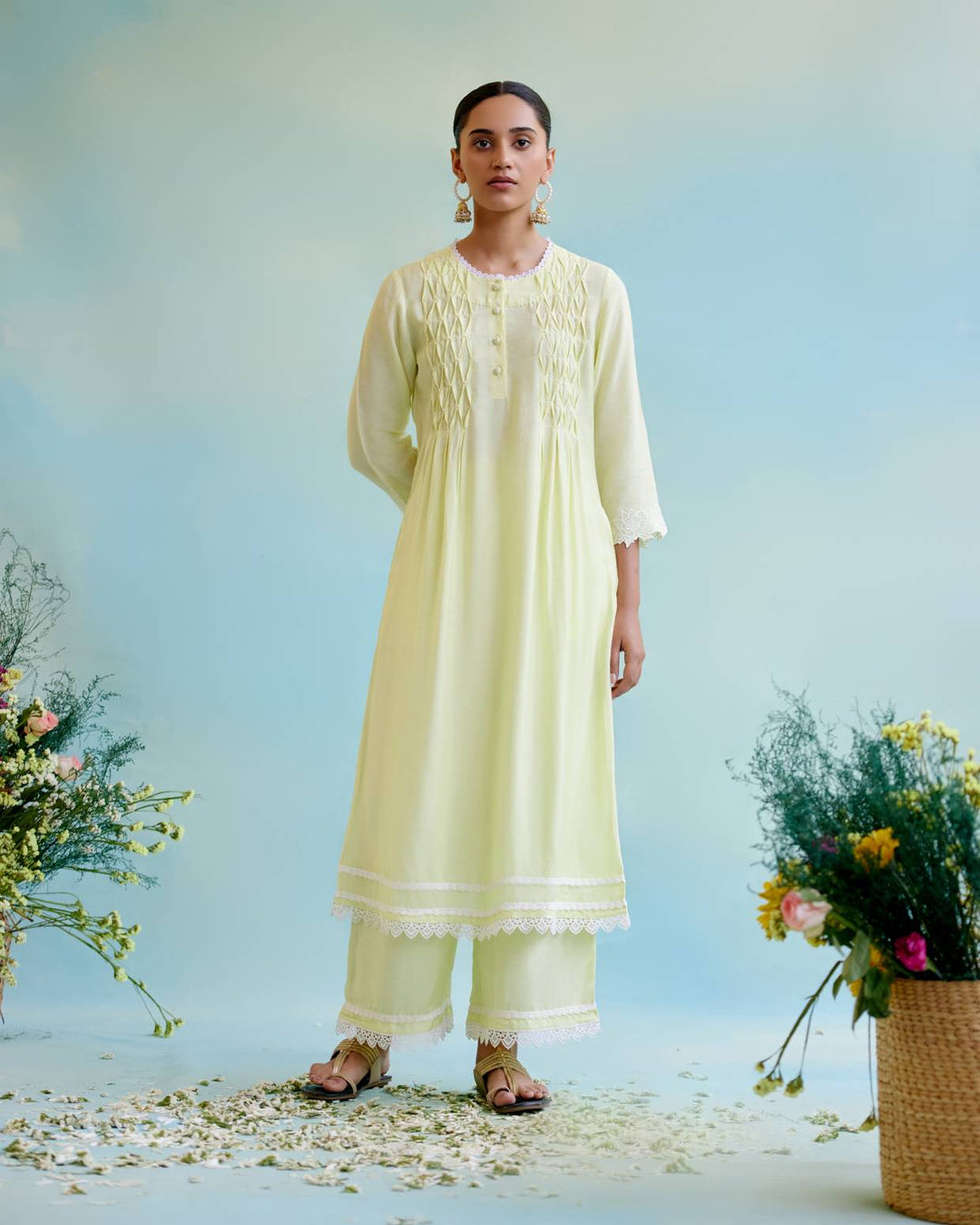 Sunny Lime Pearl Kurta with Wide Leg Pants