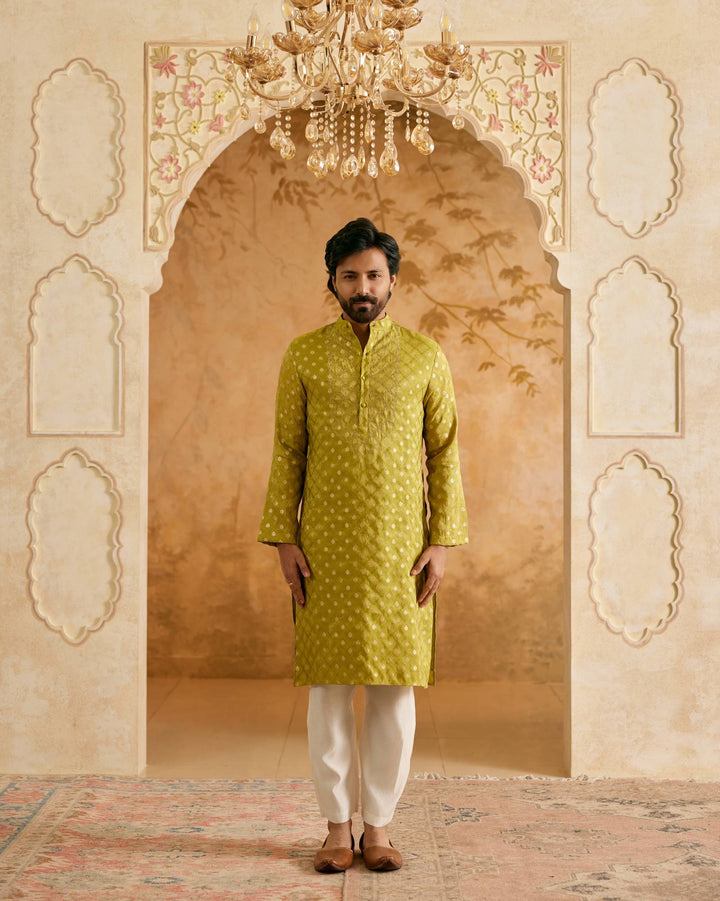 Olive Dori Brocade Kurta with Narrow Pants - Set of 2