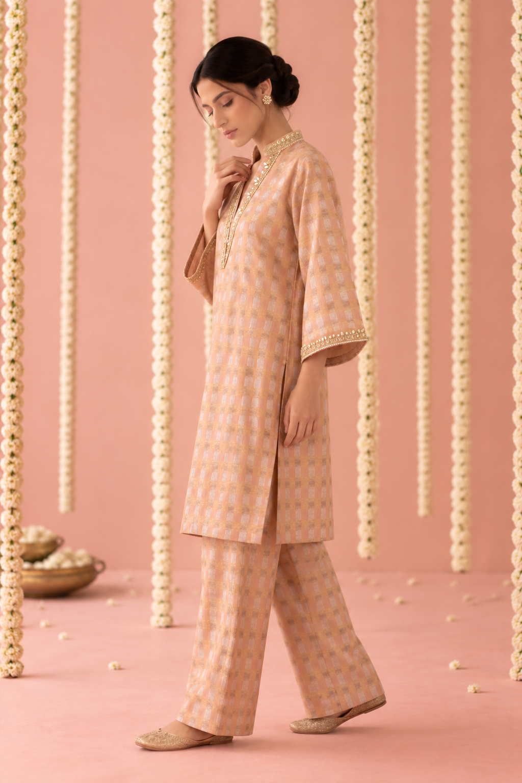 Peach Rose Charm Check Tissue Co-ord Set - Set of 2