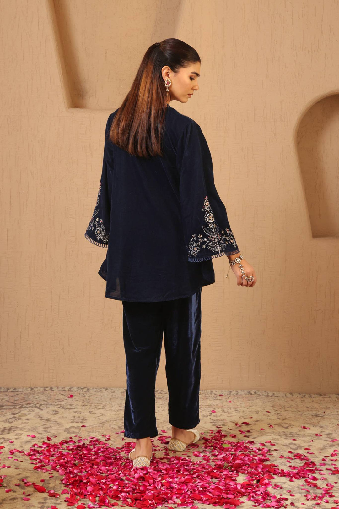 Navy Zari Charm Velvet Tunic with Narrow Pants - Set of 2