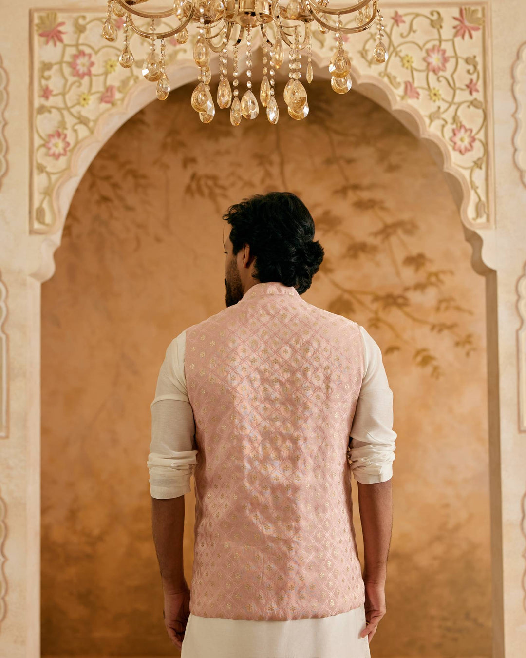 Peach Brocade Nehru Jacket with Kurta Set - Set of 3