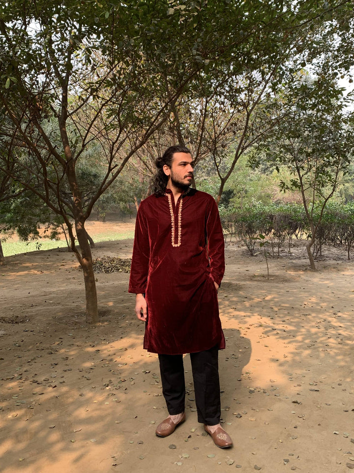 Maroon Oak Embroidered Velvet Kurta with Narrow Pants - Set of 2