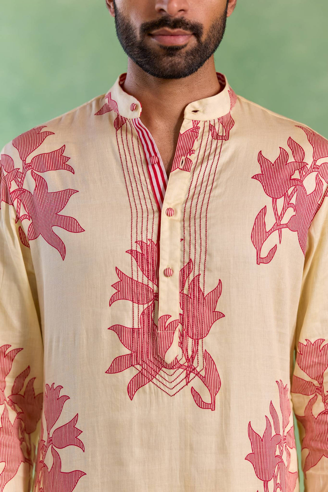 Ivory Red Floral Stripe Kurta with Narrow Pants