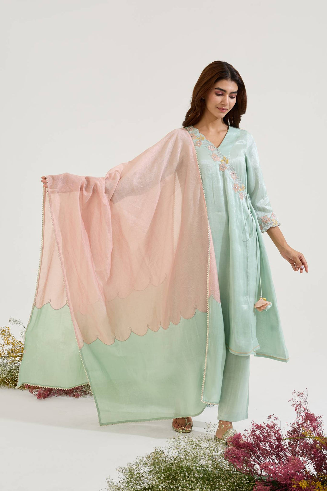 Mint Floral Zari Tissue Angrakha with Narrow Pants and Dupatta - Set of 3