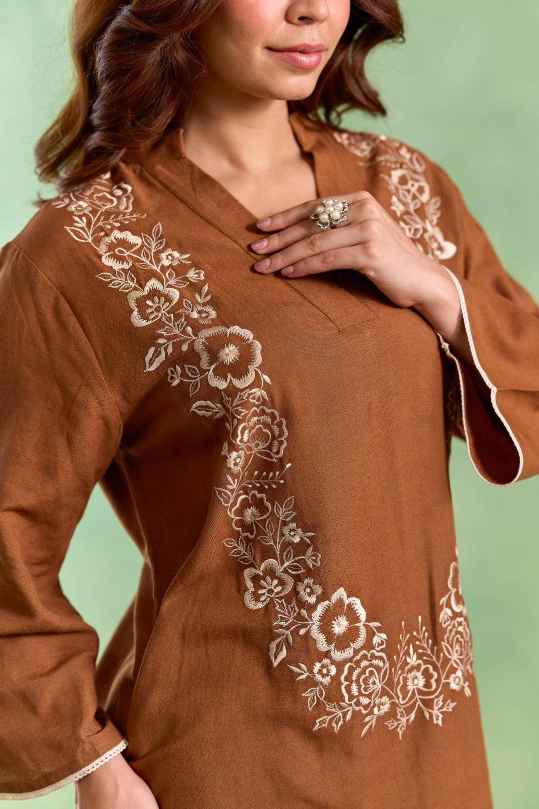 Brown Bloom Embroidered Top