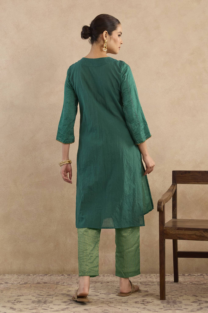 Emerald Rose Charm Silk Chanderi Kurta with Narrow Pants - Set of 2