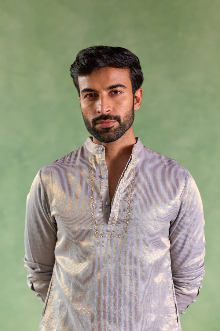 Blue Gold Stripe Embroidered Kurta with Narrow Pants